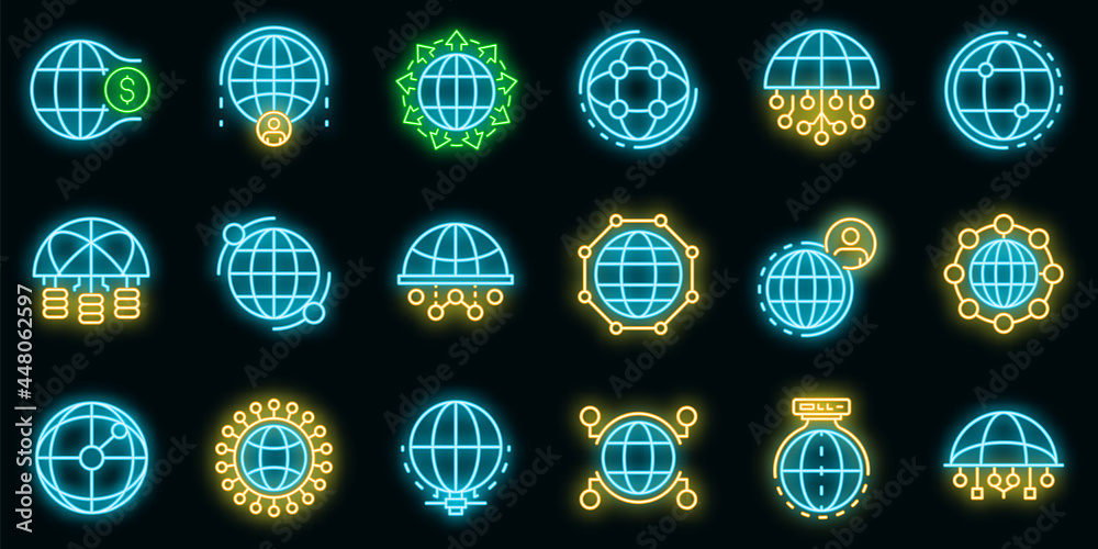 Sticker global network icons set. outline set of global network vector icons neon color on black - Stickers
