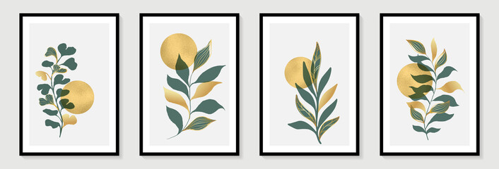 Fototapeta na wymiar Abstract leaves and golden circle sun. Modern trendy background, abstact art minimalist style. Botanical Design for wall decoration, postcard, poster or brochure. Modern card for decorative design