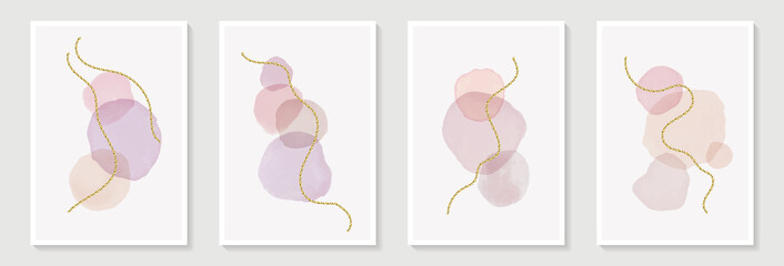 Abstract dusty pink liquid watercolor circle stains with golden lines, dots and watercolor stain brush stroke. for wall decoration, beauty and make up industry design, poster, brochure cover