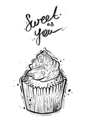 Hand drawn cupcake, monochrome vector