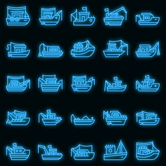 Fishing boat icons set. Outline set of fishing boat vector icons neon color on black
