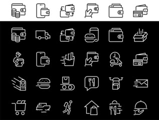 PIZZA DELIVERY, and Food Icon Set Vector thin line, contains courier, home delivery, food ordering, fast transport, drone, ship, car, editable stroke. ICONS circuits