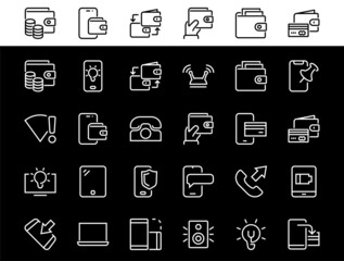 GADGET Set of vector icons of smart devices such as laptop, tablet, protection program, phone, digital network, thin line vector gadget icons, editable stroke