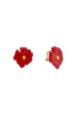 Subject shot of two bright summer earrings made as red poppy flowers in Japanese style. The pair of clip earrings is isolated on the white background.