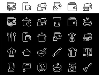 Set of icons for cooking and kitchen, vector lines, contains icons such as a knife, saucepan, boiling time, mixer, scales, recipe book. Editable stroke, perfect 480x480 pixels, white background