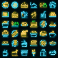 Lunch icons set. Outline set of lunch vector icons neon color on black