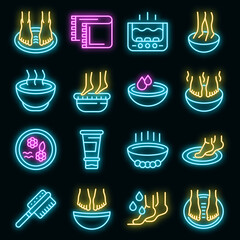 Foot bath icons set. Outline set of foot bath vector icons neon color on black