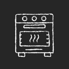 Bake in oven chalk white icon on dark background. Domestic cooker. Roasting meal in household stove. Cooking instruction. Food preparation process. Isolated vector chalkboard illustration on black