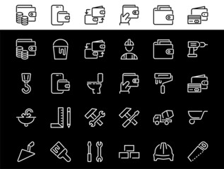 Fototapeta premium Set of construction icons, simple vector lines, contains the following icons: builder, roller, hammer with wrench, toilet bowl and much more. Editable stroke. 48x48 pixels perfect, white background