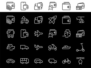 Set of public transport related vector line icons. Contains icons such as bus, bike, suitcase, car, scooter, truck, transport, trolley bus, sailboat, motor boat, plane and much more. Editable stroke