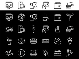 A simple set of fast food icons related to the vector line. Contains icons such as pizza, burger, sushi, bike, scrambled eggs and more. EDITABLE stroke. EPS 10