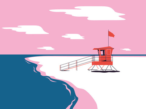 Lifegurad tower on an empty beach. Summer vacation background. Illustration.