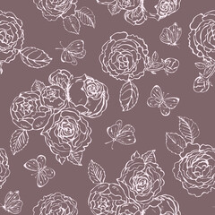 Vintage vector drawing with garden roses. Outline floral design. Contour lines of the hand. Romantic background. For wallpaper, fabric, plaid, towels, covers, wrapping paper, clothes, bags, interior