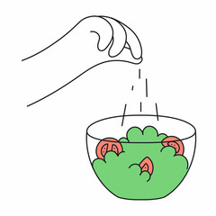 Culinary recipes, cooking soup. Human hand holding pot lid and preparing a salad with herbs and tomatoes. Thin line vector illustration on white background.