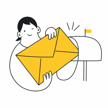 Cute cartoon woman trying to put a huge envelope into the mailbox. Internet marketing, sending newsletter, subscription, sending a letter or the remittance. Thin line vector illustration on white.