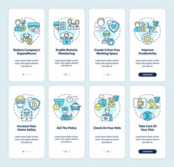 Surveillance systems onboarding mobile app page screen set. Security cameras walkthrough 4 steps graphic instructions with concepts. UI, UX, GUI vector template with linear color illustrations