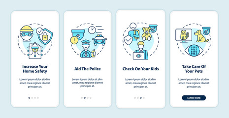 Home security systems onboarding mobile app page screen. Household observation pros walkthrough 4 steps graphic instructions with concepts. UI, UX, GUI vector template with linear color illustrations