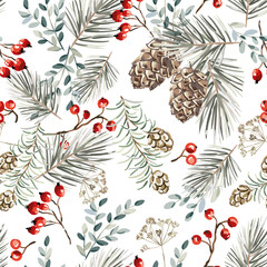 Christmas seamless pattern, red berries, fir twigs, cedar cones, white background. Vector illustration. Nature design. Season greeting. Winter Xmas holidays - 448065966