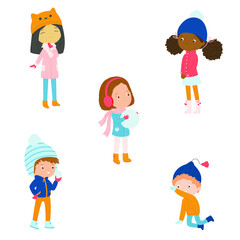 Happy children during winter time. Kids having fun in winter. Isolated over white illustrations