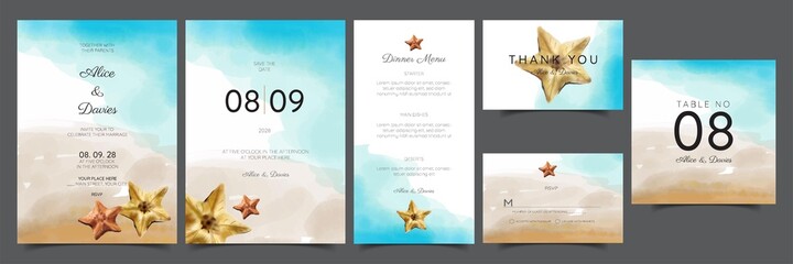 Set of wedding cards, invitation. Save the date sea style design. Blue watercolor wash. Summer background. Hand drawn seashells with golden texture.