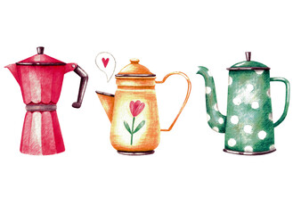 A set of different coffee pots. Watercolor illustration. Coffee. Dessert. Vintage. Plants. Hearts. Menu. Cafe. Design. Beautiful. Cute. Collection. Handmade work. Art. Multicolored.