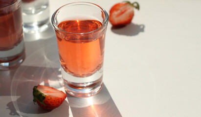 strawberry compote tincture with ice in glass glasses with strawberries and ice cubes