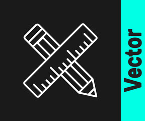 White line Crossed ruler and pencil icon isolated on black background. Straightedge symbol. Drawing and educational tools. Vector