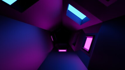 Neon light of Modern design., flight forward through digital corridor, appearing glowing lines, ultraviolet spectrum., 3D Rendering