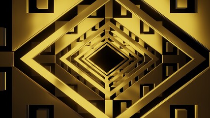 Golden pattern frame is flying through the darkness corridor., 3D Rendering