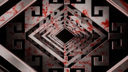 Geometric pattern frame with blood stains is flying through the dark scene., 3D Rendering