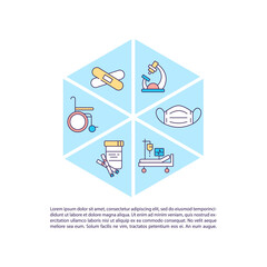 Humanitarian charity concept line icons with text. PPT page vector template with copy space. Brochure, magazine, newsletter design element. Medical supply linear illustrations on white