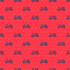 Blue line Sushi on cutting board icon isolated seamless pattern on red background. Asian food sushi on wooden board. Vector