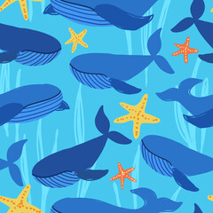 Whale seamless pattern for apparel design, fabric, kids clothes. Ocean kids background with whales. - 448068323