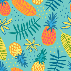 Tropical hand drawn seamless pattern for apparel design, textile, clothes. Hawaiian background. Pineapple and leaves seamless pattern. - 448068335