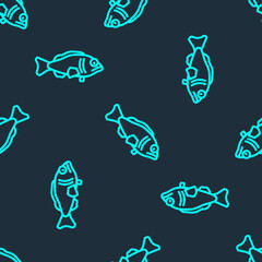 Green line Fish icon isolated seamless pattern on blue background. Vector