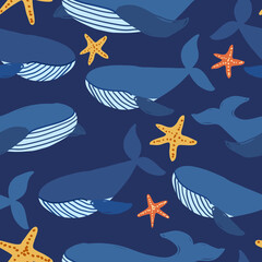 Whale seamless pattern for apparel design, fabric, kids clothes. Ocean kids background with whales.