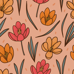 Retro floral seamless pattern for apparel design, fabrics, clothes. Hand drawn floral background. Trendy floral wallpaper.