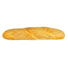 long baguette with sesame seeds on a white background