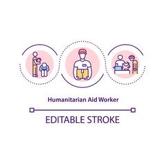 Humanitarian aid worker concept icon. Medical supplies donation, sending and hosting volunteer organisation abstract idea thin line illustration. Vector isolated outline color drawing. Editable stroke