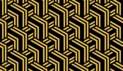 Abstract geometric pattern with stripes, lines. Seamless vector background. Gold and black ornament. Simple lattice graphic design