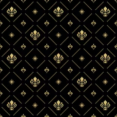 Foto op Plexiglas Zwart goud Naadloze vector patroon. Modern geometrisch ornament met gouden koninklijke lelies. Klassieke vintage gouden achtergrond