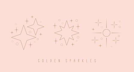 Outline twinkle Stars. Golden Sparkles. Various shapes. Minimalistic Icons. Elegant thin line simple geometric design. Party, celebration concept. Trendy Vector set. All elements are isolated on pink