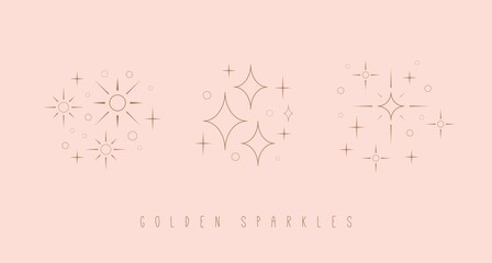 Outline twinkle Stars. Golden Sparkles. Various shapes. Minimalistic Icons. Elegant thin line simple geometric design. Party, celebration concept. Trendy Vector set. All elements are isolated on pink