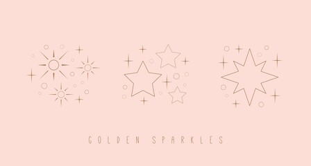 Outline twinkle Stars. Golden Sparkles. Various shapes. Minimalistic Icons. Elegant thin line simple geometric design. Party, celebration concept. Trendy Vector set. All elements are isolated on pink