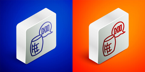 Isometric line Voice assistant icon isolated on blue and orange background. Voice control user interface smart speaker. Silver square button. Vector