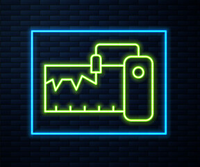 Glowing neon line Electrical measuring instrument icon isolated on brick wall background. Analog devices. Measuring device laboratory research. Vector