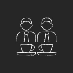 Common breaks chalk white icon on dark background. Coworking during coffee break. Lunch colleagues conversation. Office discussion during snack time. Isolated vector chalkboard illustration on black