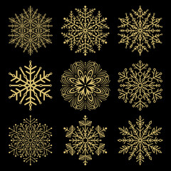 Set of vector snowflakes. Golden winter ornaments. Snowflakes collection. Snowflakes for backgrounds and designs