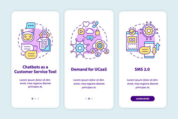 Messaging software trend onboarding mobile app page screen. Customer service tool walkthrough 3 steps graphic instructions with concepts. UI, UX, GUI vector template with linear color illustrations