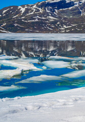 Frozen turquoise lake Vavatn panorama in summer landscape Hemsedal Norway.